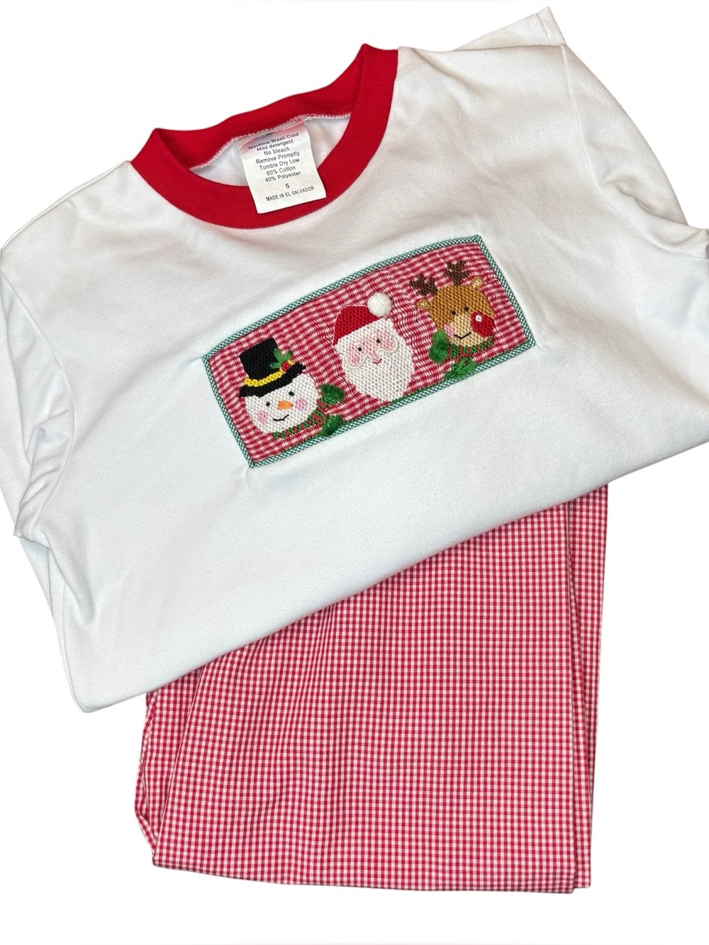 Stellybelly Christmas Shirt Pants Set Boy 5 Santa Rudolph Snowman Red Gingham